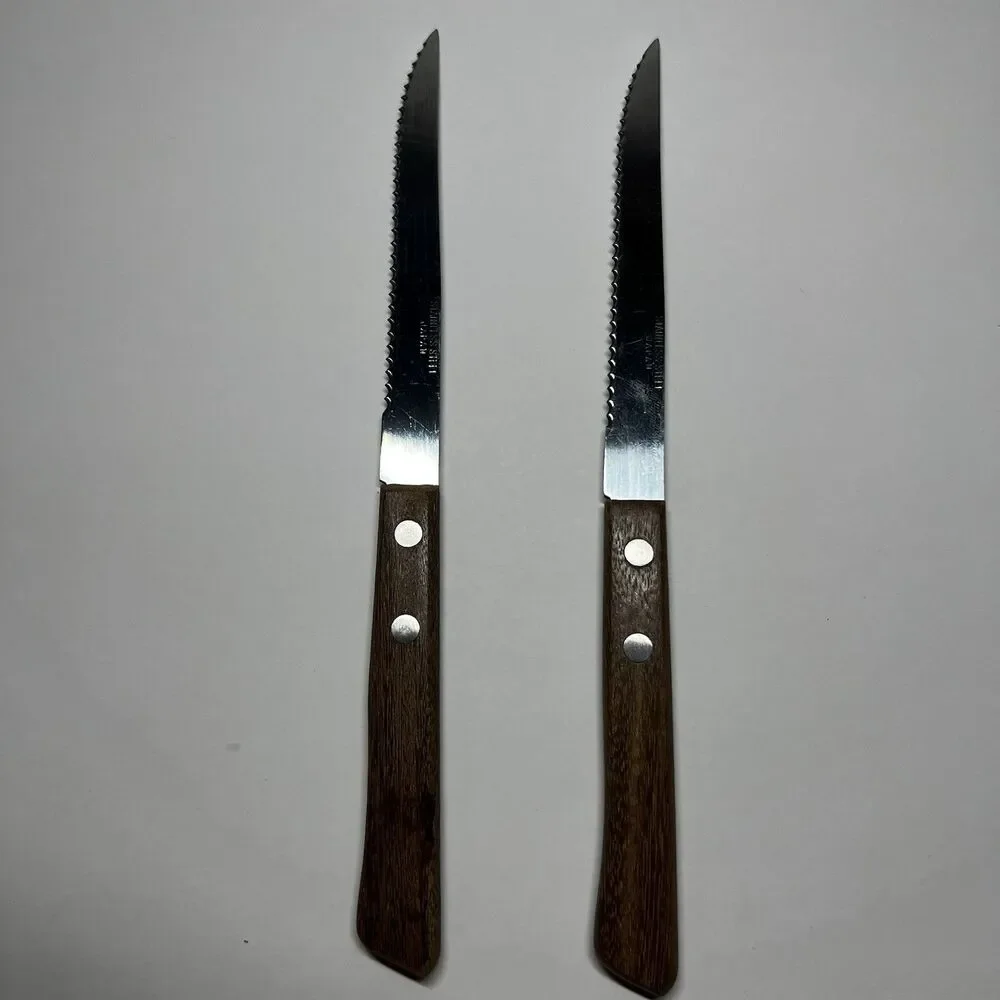 Lot of 2 Vintage Japan Stainless Steel Steak Knives Serrated Wood Handle Vtg